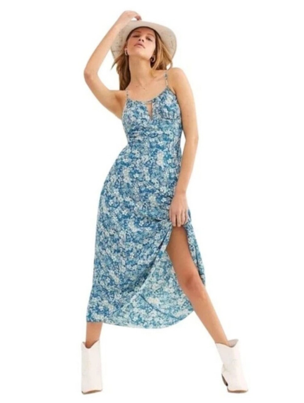 Free People Bon Voyage Midi Dress M Floral Boho Keyhole Smocked Blue Combo - Picture 7 of 15